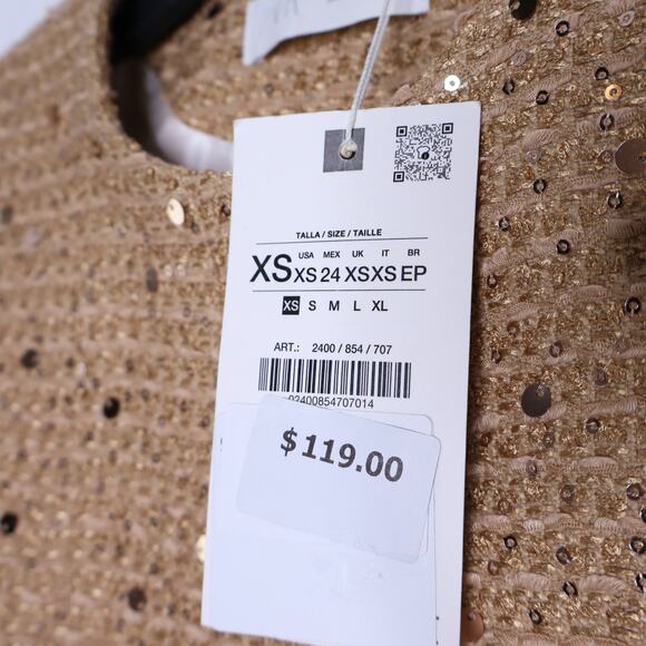 ZARA NWT Sequin Belt Blazer Camel Tweed Round Neck Long Sleeve Women's XS - Picture 11 of 13